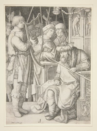 David spiller på harpen foran Saul af Lucas van Leyden