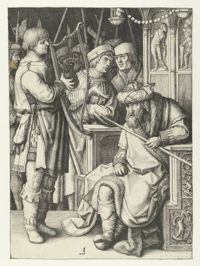 David spiller på harpe for Saul af Lucas van Leyden