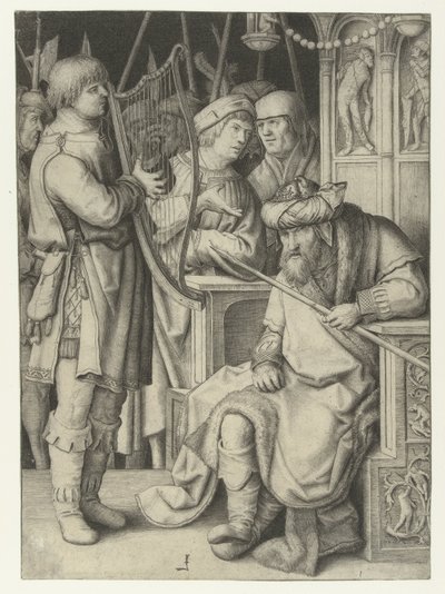 David spiller på harpe for Saul af Lucas van Leyden