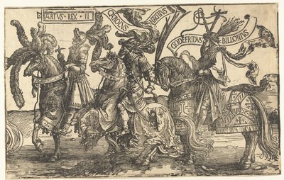 Heltene Kong Arthur, Karl den Store og Godfrey af Bouillon The Nine Heroes (serietitel) af Lucas van Leyden