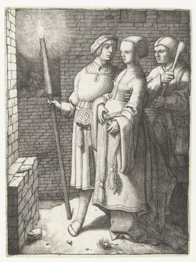 Ung mand med en fakkel, en kvinde og en nar af Lucas van Leyden