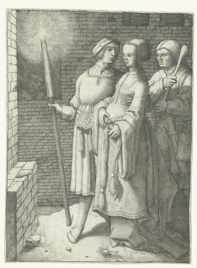Ung mand med en fakkel, en kvinde og en nar af Lucas van Leyden
