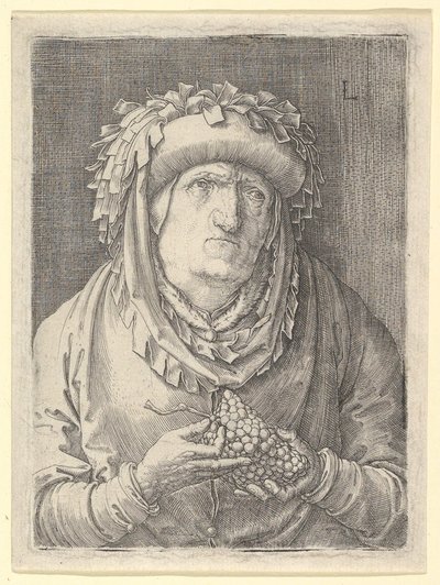 Gammel kvinde med druer, ca. 1523. af Lucas van Leyden
