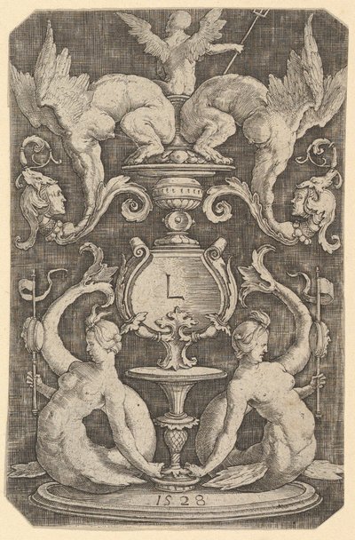 Panel af ornament med to sirener, 1528. af Lucas van Leyden