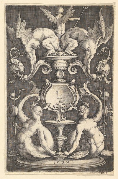 Panel af ornament med to sirener, 1528. af Lucas van Leyden