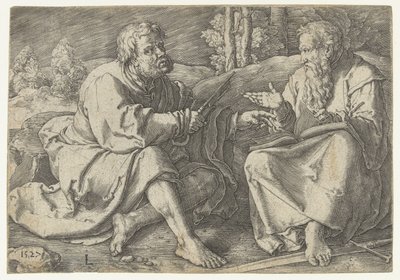 Paul og Peter sidder i et landskab af Lucas van Leyden
