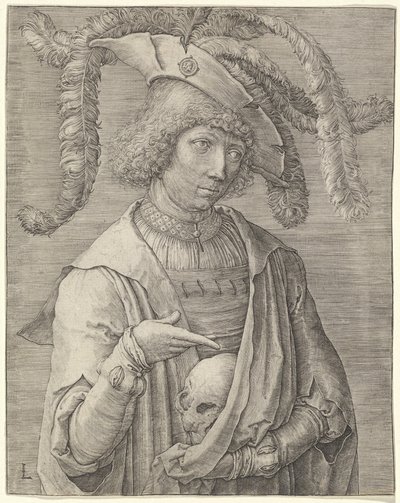 Portræt af en ung mand med en kranie af Lucas van Leyden