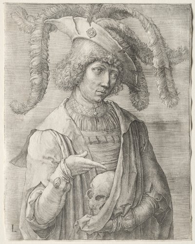 Portræt af en ung mand med en kranie af Lucas van Leyden