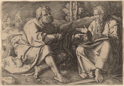 De hellige Peter og Paul sidder i et landskab af Lucas van Leyden