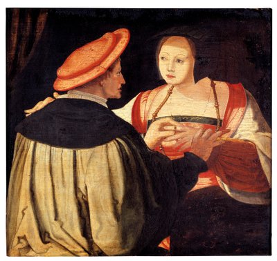 Engagementet (olie på panel) af Lucas van Leyden