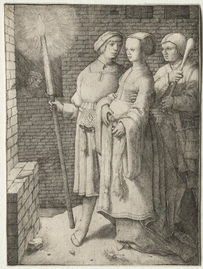 Manden med faklen og en kvinde efterfulgt af en tåbe, ca. 1508. af Lucas van Leyden