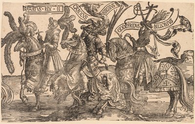 De ni helte: Arthur, Charles den Store (Charlemagne), Godfrey af Bouillon af Lucas van Leyden