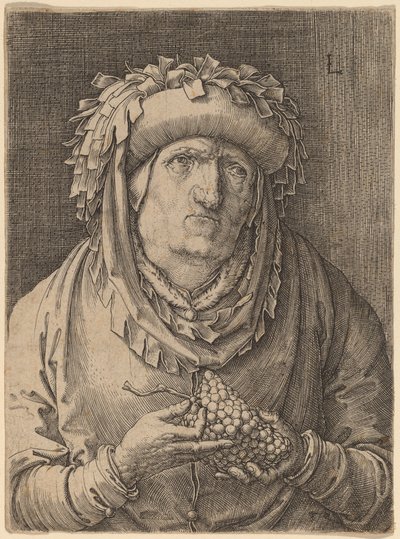 Den gamle kvinde med druer af Lucas van Leyden