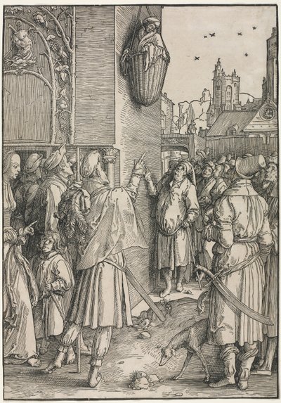 Kvindernes magt: Digteren Virgil suspenderet i en kurv, ca. 1512. af Lucas van Leyden