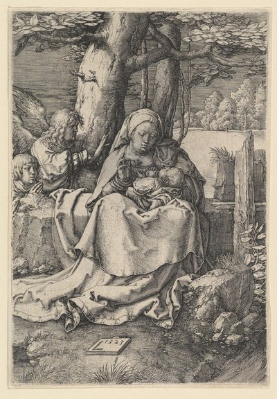 Jomfruen og barnet med to engle, 1523. af Lucas van Leyden