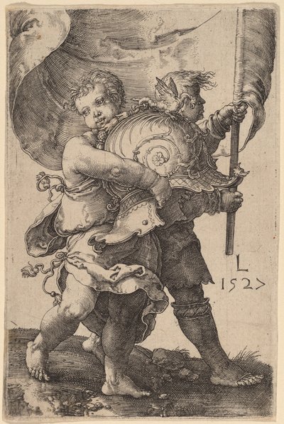 To drenge med en hjelm og en standard af Lucas van Leyden