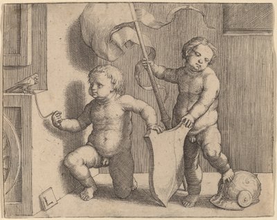 To nøgne børn, der støtter et tomt skjold af Lucas van Leyden