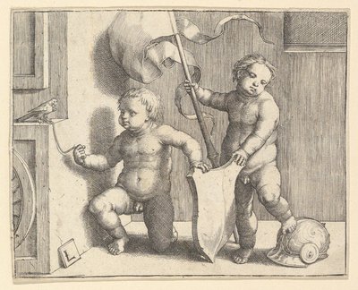 To nøgne børn, der støtter et tomt skjold, ca. 1510. af Lucas van Leyden
