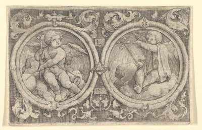 To Putti siddende i skyer i cirkler med ranker, 1517. af Lucas van Leyden