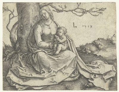 Jomfru og barn siddende under et træ af Lucas van Leyden