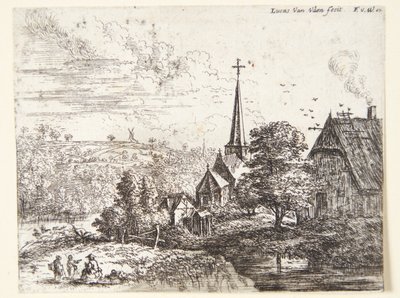 Landsby ved en flod, i forgrunden tre figurer af Lucas van Uden