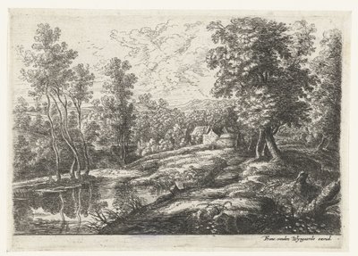 Landskab med huse og en kirke omgivet af en mur Fem landskaber (serietitel) af Lucas van Uden