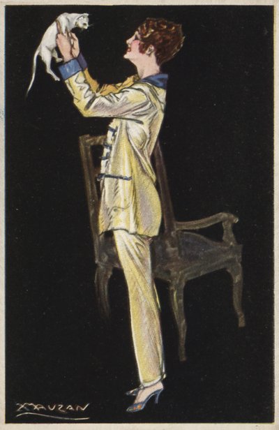 Pige i pyjamas holder hvid kat (farve litho) af Luciano Achille Mauzan