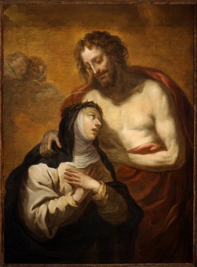Kristi mystiske omfavnelse til den hellige Catherine af Siena, mystisk syn (olie på lærred) af Luciano Borzone