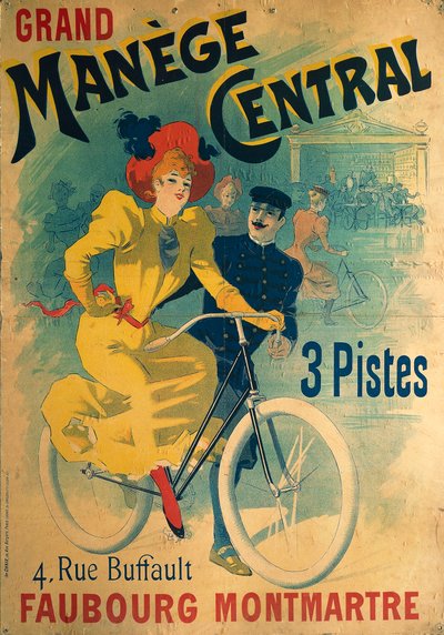 Grand Manege Central, reklameplakat for cykelsti, der forestiller kvinde på cykel af Lucien Baylac