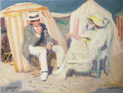 Samtale på stranden (olie på lærred) af Lucien Hector Jonas