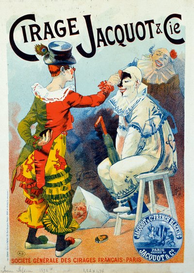 Annoncering for Jacquot polish. To klovne gør op med polish. Tegning af Lucien Lefevre (1850-?). 1894 Paris. Arts Decoratifs - Annonce for voks Jacquot: To klovne, der sminker med skosværte, af Lucien Lefevre af Lucien Lefevre