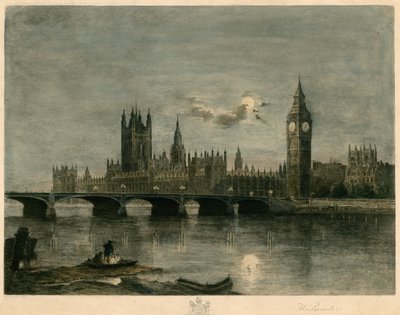 Westminster om natten farvet gravering af Lucien Marcelin Gautier