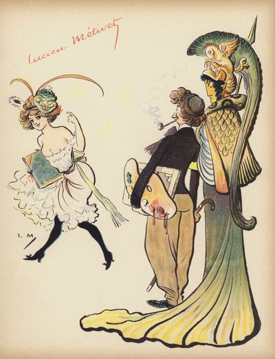 Pige vinker til en kunstner om at følge hende (farve litho) af Lucien Metivet