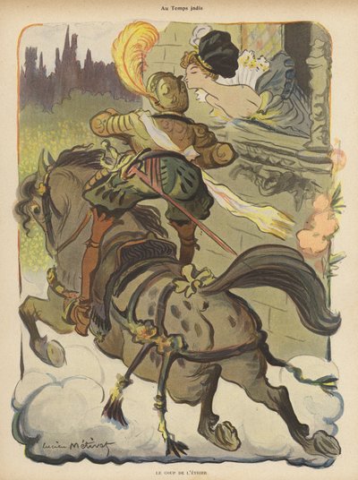 Horseman standing up in his stirrups to receive a kiss from a lady as he rides past herdani af Lucien Metivet