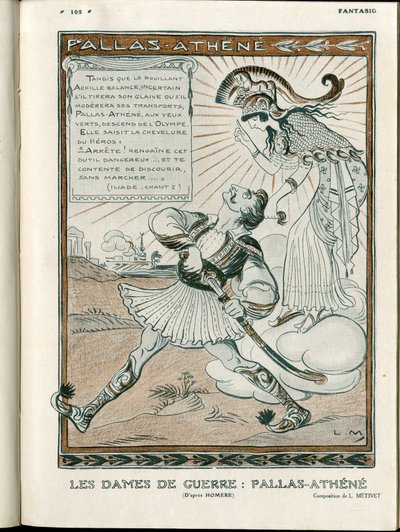 Illustration i "Fantasio", 01/04/15 - krigens kvinde Pallas-Athenee krig 14-18 (gravering) af Lucien Metivet