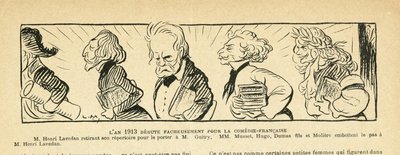 Illustration i Le Rire, 04/01/13 - året 1913... - Teater, Comedie francaise - Hugo Victor, Dumas Alexandre (søn), Lavedan Henri (1859-1940), Guitry Sacha, Musset Alfred, Moliere (gravering) af Lucien Metivet