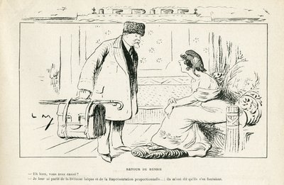 Illustration i Le Rire, 24/08/12 - Tilbage fra Rusland - Antiklerikalisme, Rusland, Republikkens præsident, Hatte, Officielt besøg - Marianne, Poincare Raymond (gravering) af Lucien Metivet