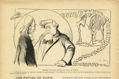 Illustration i Le Rire, 27/06/08 - Tilsidesættelse af statsoverhovedet - Republikkens præsident, Dinosaur, Palæontologi - Fallieres Armand (1841-1931), Dinosaur, Diplodocus (gravering) af Lucien Metivet