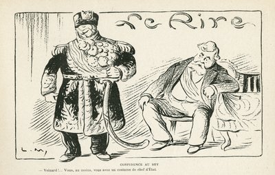 Illustration i Le Rire, 27/07/12 - Tillid til beyen - Kolonisering - Fallieres Armand (1813-1941), Naceur Bey (Mohamed el-Naceur Bey) (1855-1922) (gravering) af Lucien Metivet