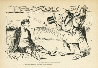 Illustration i Le Rire, 30/03/12 - Limoux-Palais-Bourbon-løbet - Valg, Luftfart - Vedrines Jules (1881-1919) (gravering) af Lucien Metivet