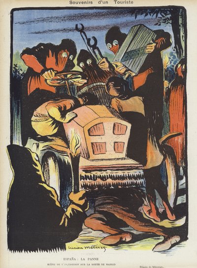 Satire over motorløbet Paris-Madrid i 1903. Illustration til Le Rire af Lucien Metivet