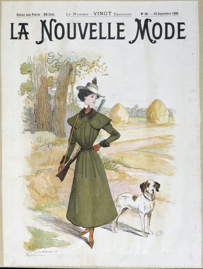 Kvinde i jagtdragt iført riffel - i "" La Nouvelle Mode"" fra sept. 1898 af Lucien Metivet