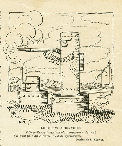 illustration i Le Rire, 30/08/13 - den automatiske soldat (gravering) af Lucien Metivet