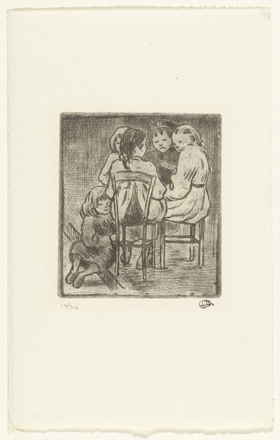 En gruppe på fem siddende piger af Lucien Pissarro