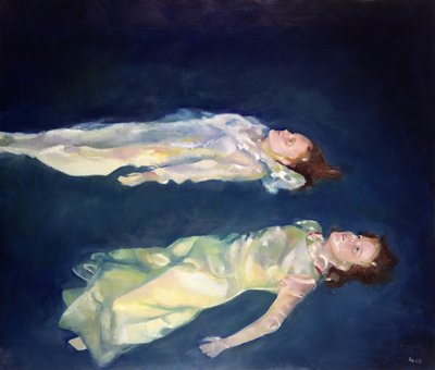 To piger flyder, 2004 (olie på plade) af Lucinda Arundell