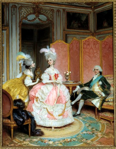 Prostitution: "" Den smukke kurtisane"" En ung kvinde præsenterede for en herre i en privat salon i det 18. århundrede gennem en matchmaker. Maleri af Lucius Rossi (1846-1913) af Lucius Rossi