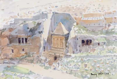 Gamle grave i Kidron Valley, Jerusalem, 2019 (w/c på papir) af Lucy Willis