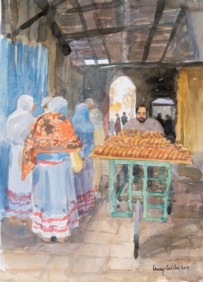 Bagel-sælger i den gamle by, Jerusalem, 2019 (w/c på papir) af Lucy Willis