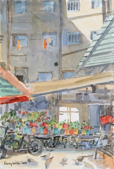 Orange Dusters Drying, Mahane Yehuda, Jerusalem, 2019 (w/c på papir) af Lucy Willis