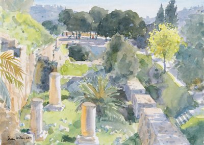 Romerske søjler, Old Jerusalem, 2019 (w/c på papir) af Lucy Willis